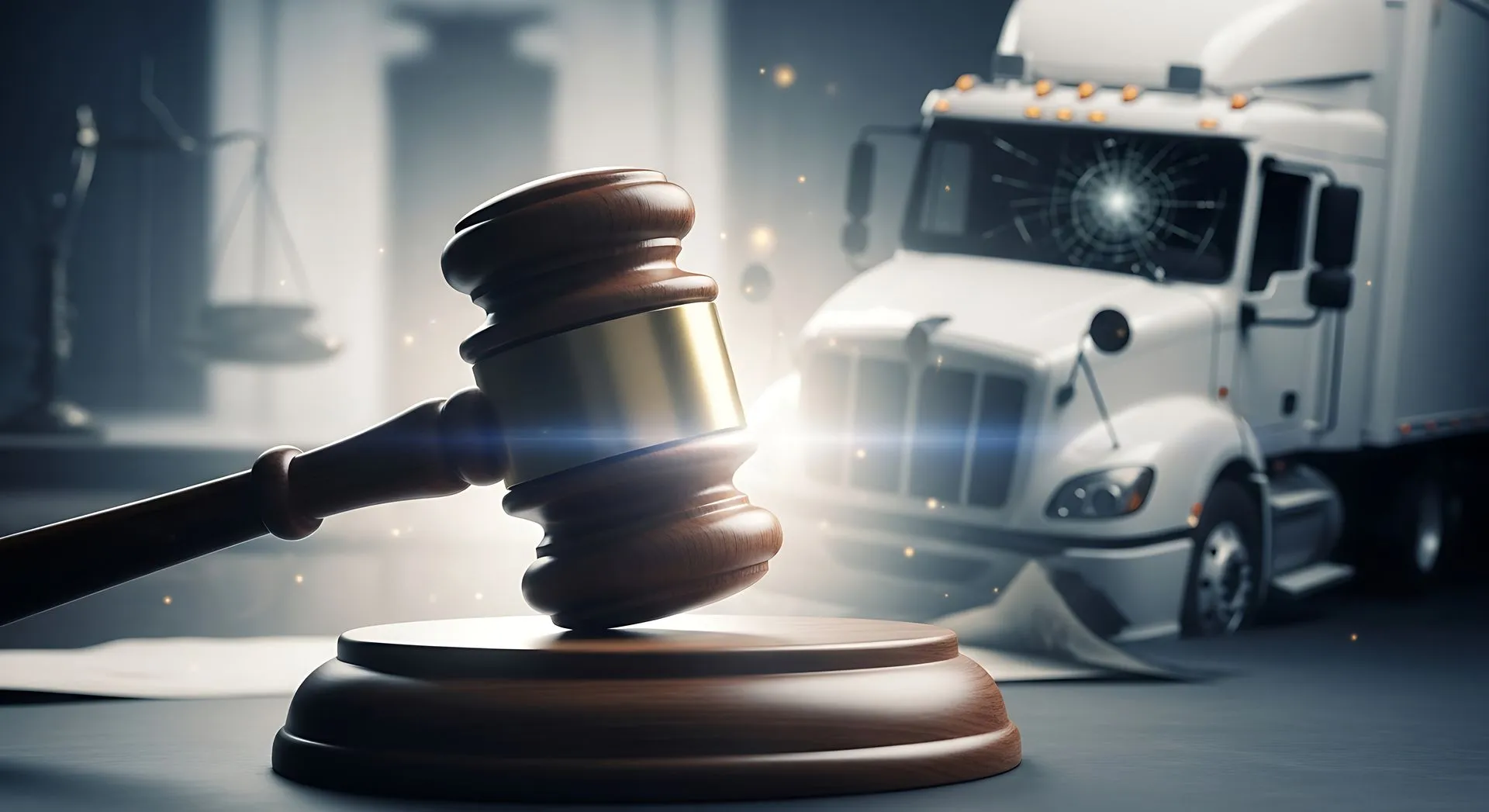 A wooden gavel in front of an overturned semi-truck.