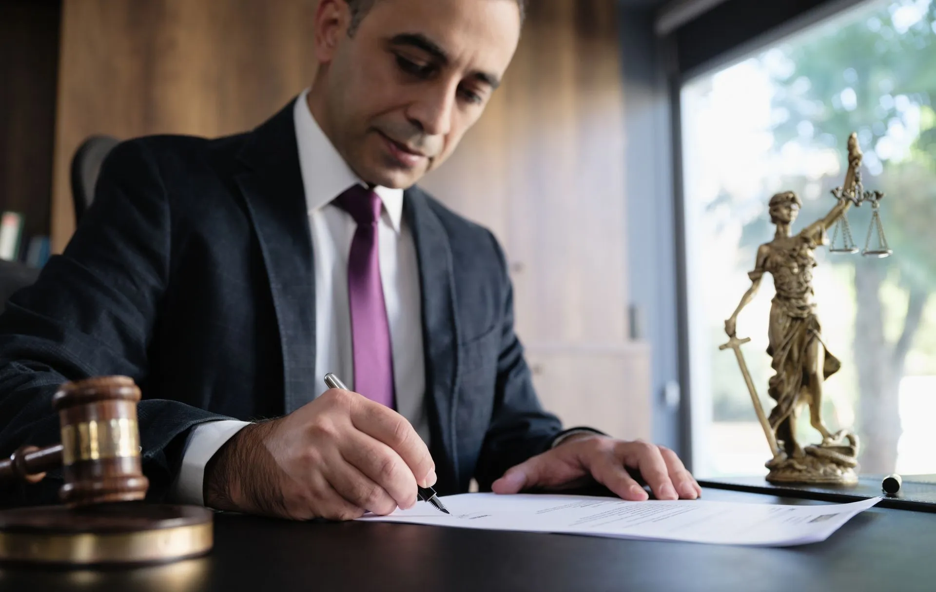 A lawyer signing a document next to a gavel and scale.
