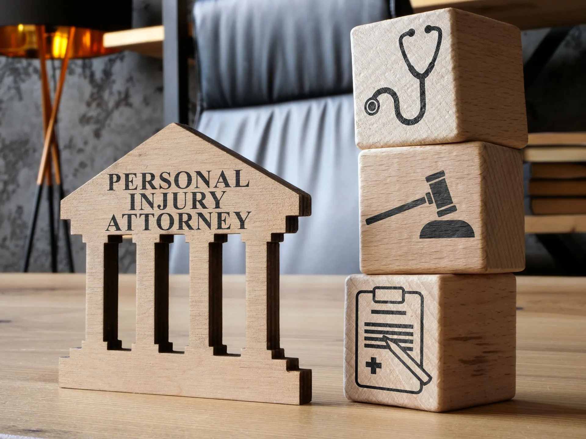 Personal injury attorney concept with wooden courthouse figure.