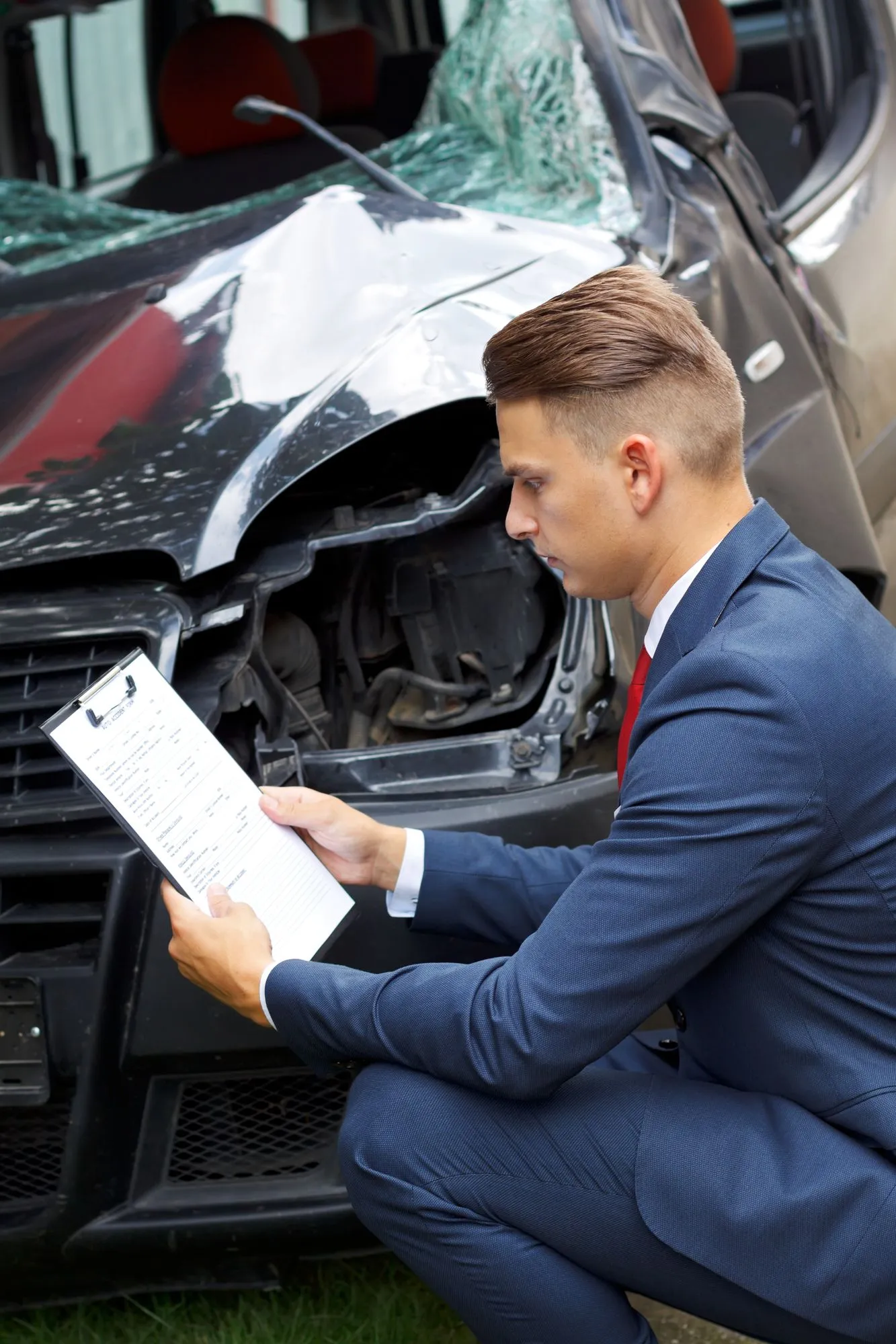 A man in a suit examining a document near a crashed car.