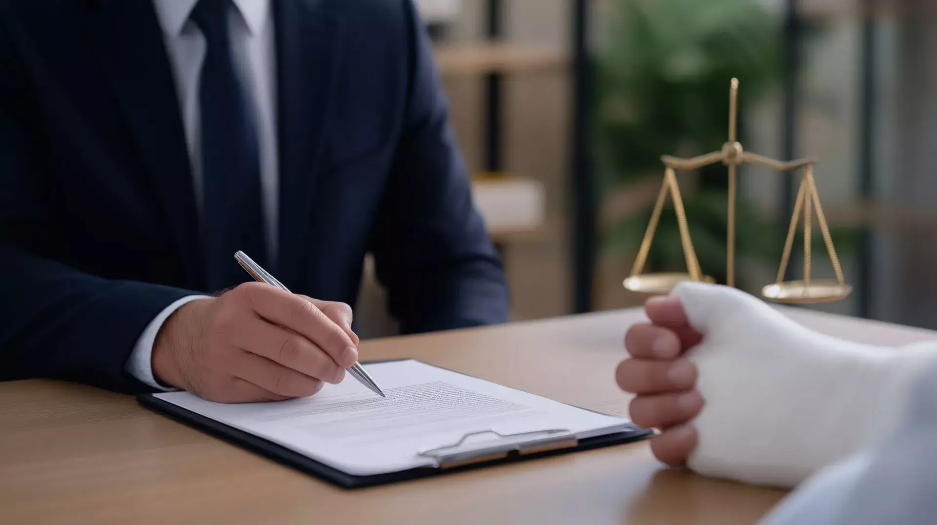 Lawyer reviewing documents with an injured client wearing a hand cast.