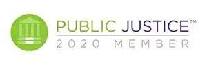 Public Justice 2020 Member logo: Green circle with courthouse icon, text