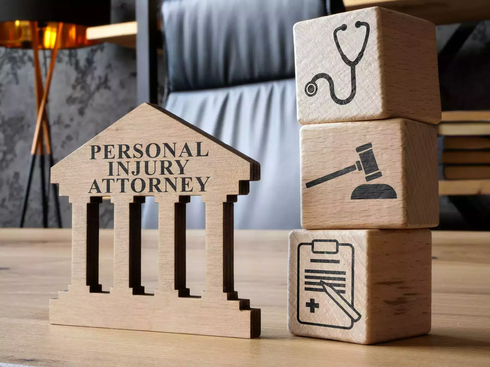 Concepto de abogado de lesiones personales con una figura de madera de un tribunal.