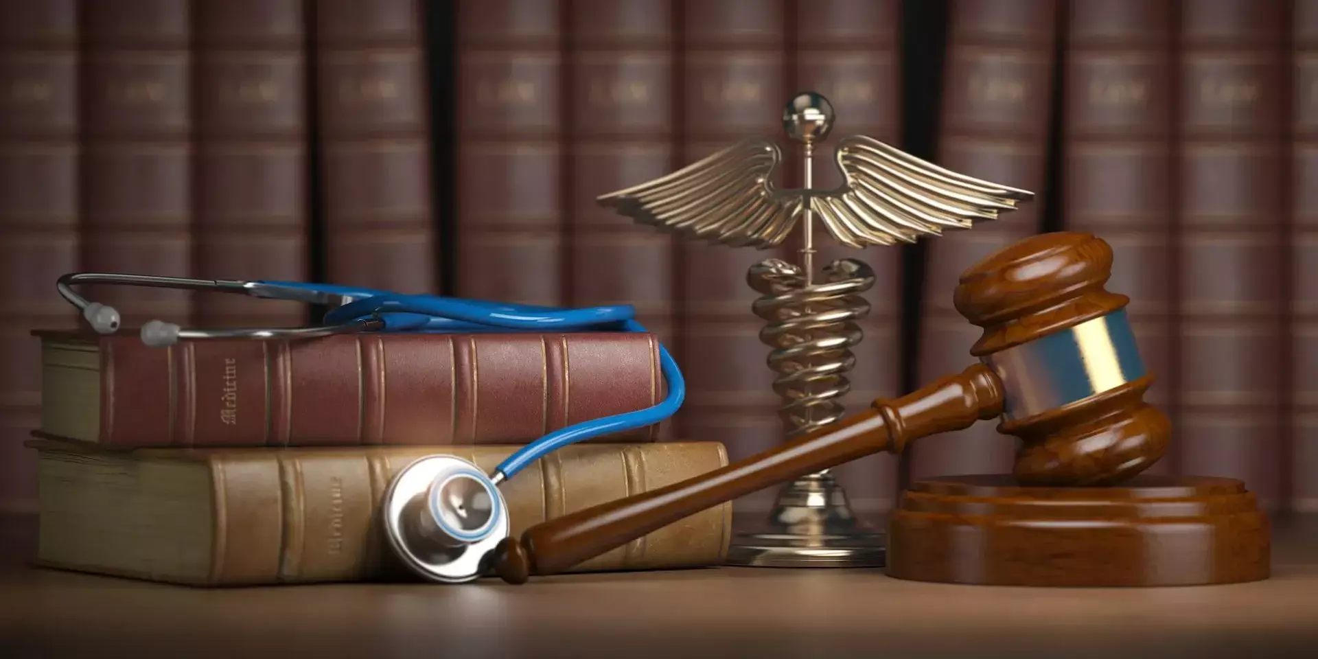 A stethoscope, gavel, and caduceus symbol in front of books.