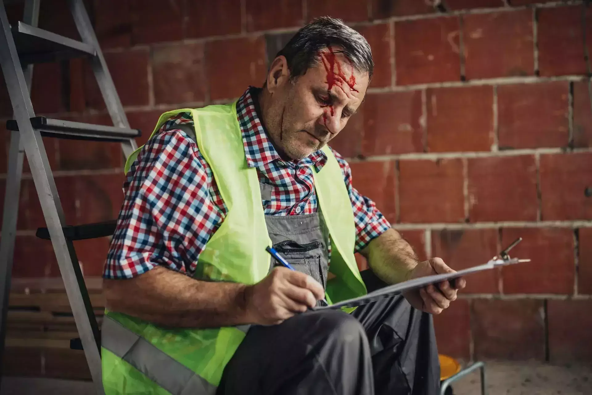 Injured male construction worker in safety vest sitting and writing on a clipboard, blood on his forehead, brick wall background.