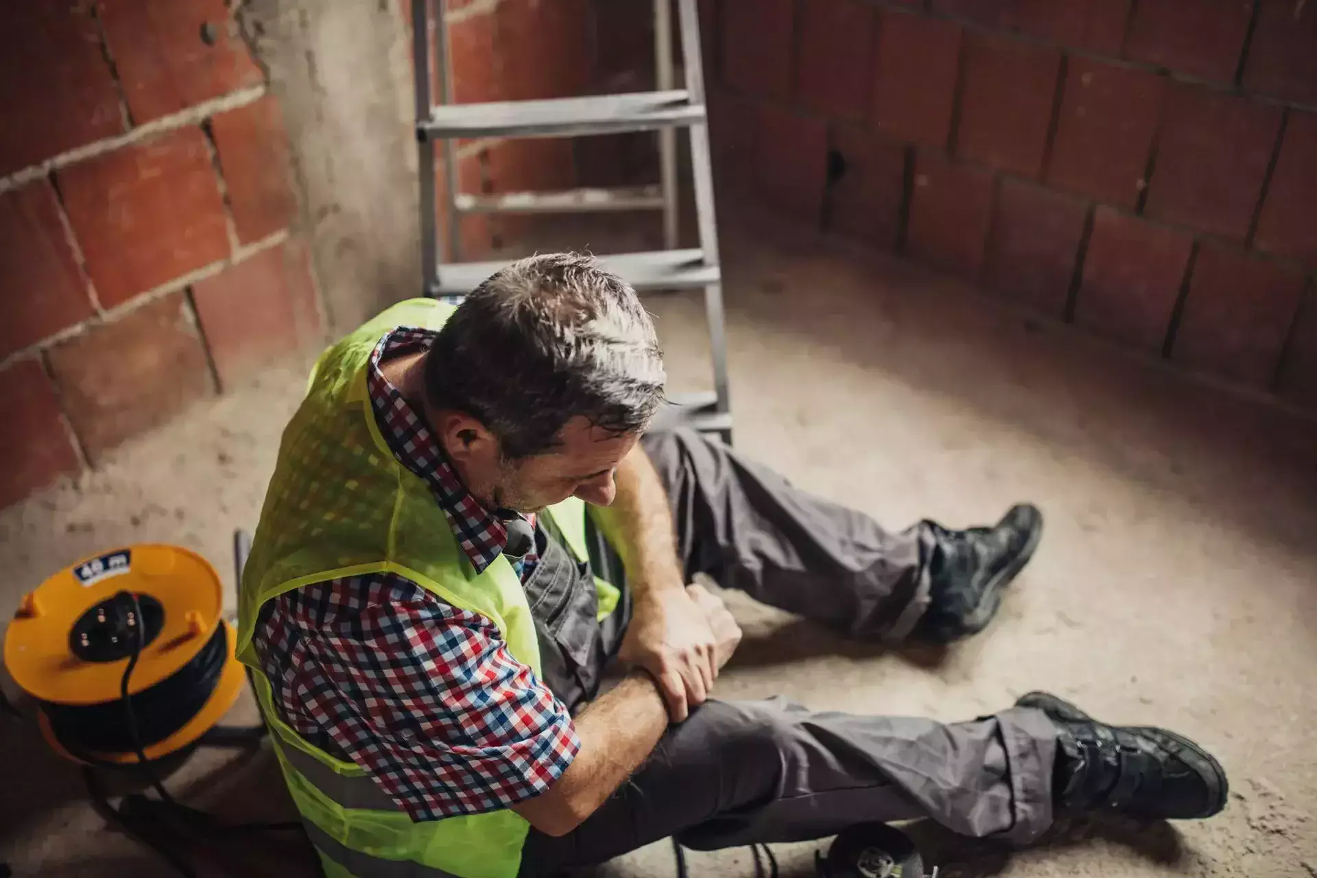 Trabajador de la construcción con chaleco amarillo sentado en el suelo sosteniendo su brazo herido.