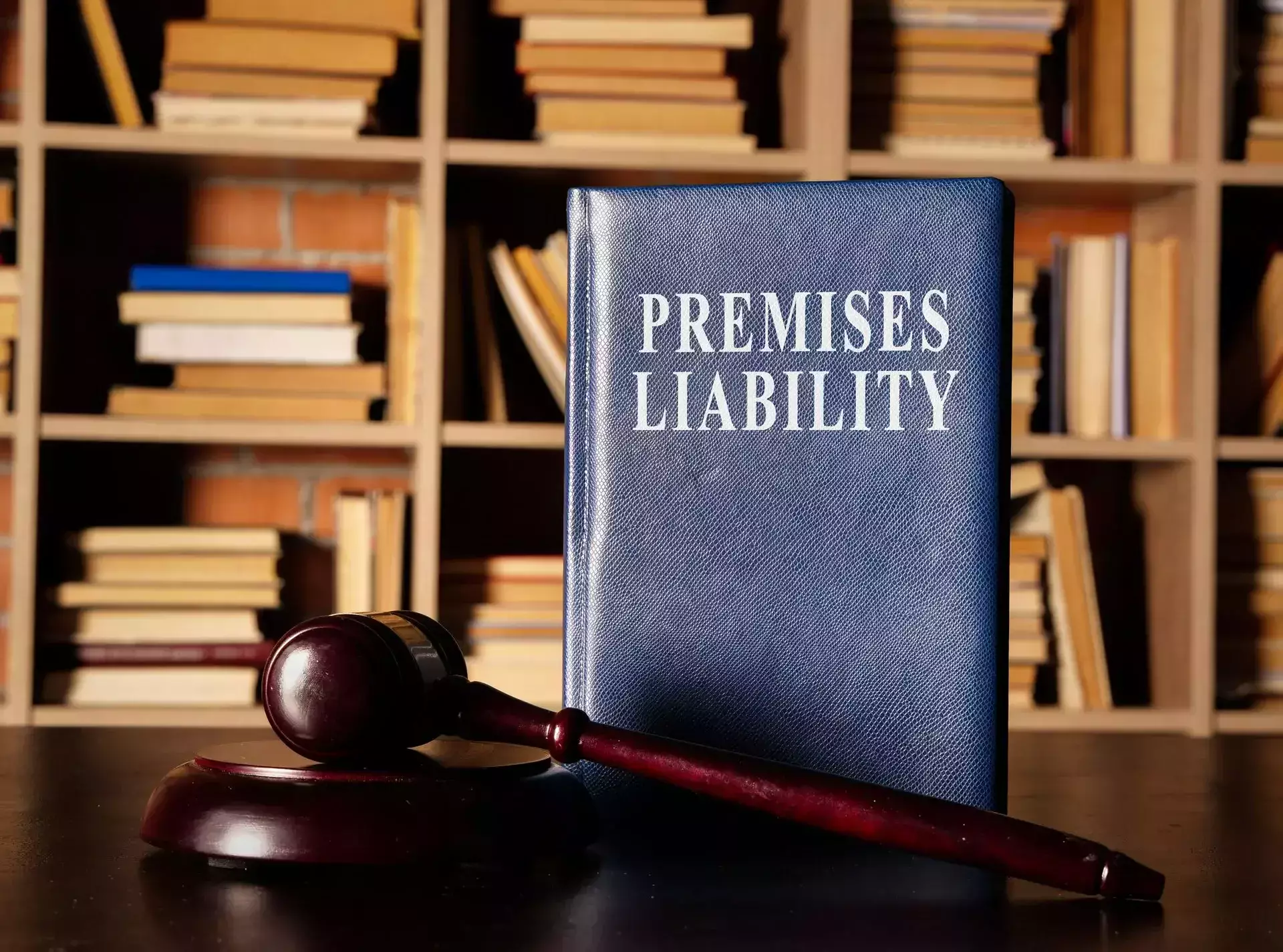 A blue book titled 'Premises Liability' next to a gavel.