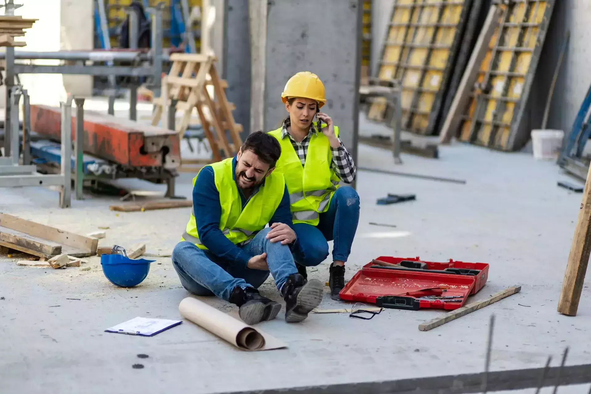 An injured construction worker on the ground with a coworker calling.