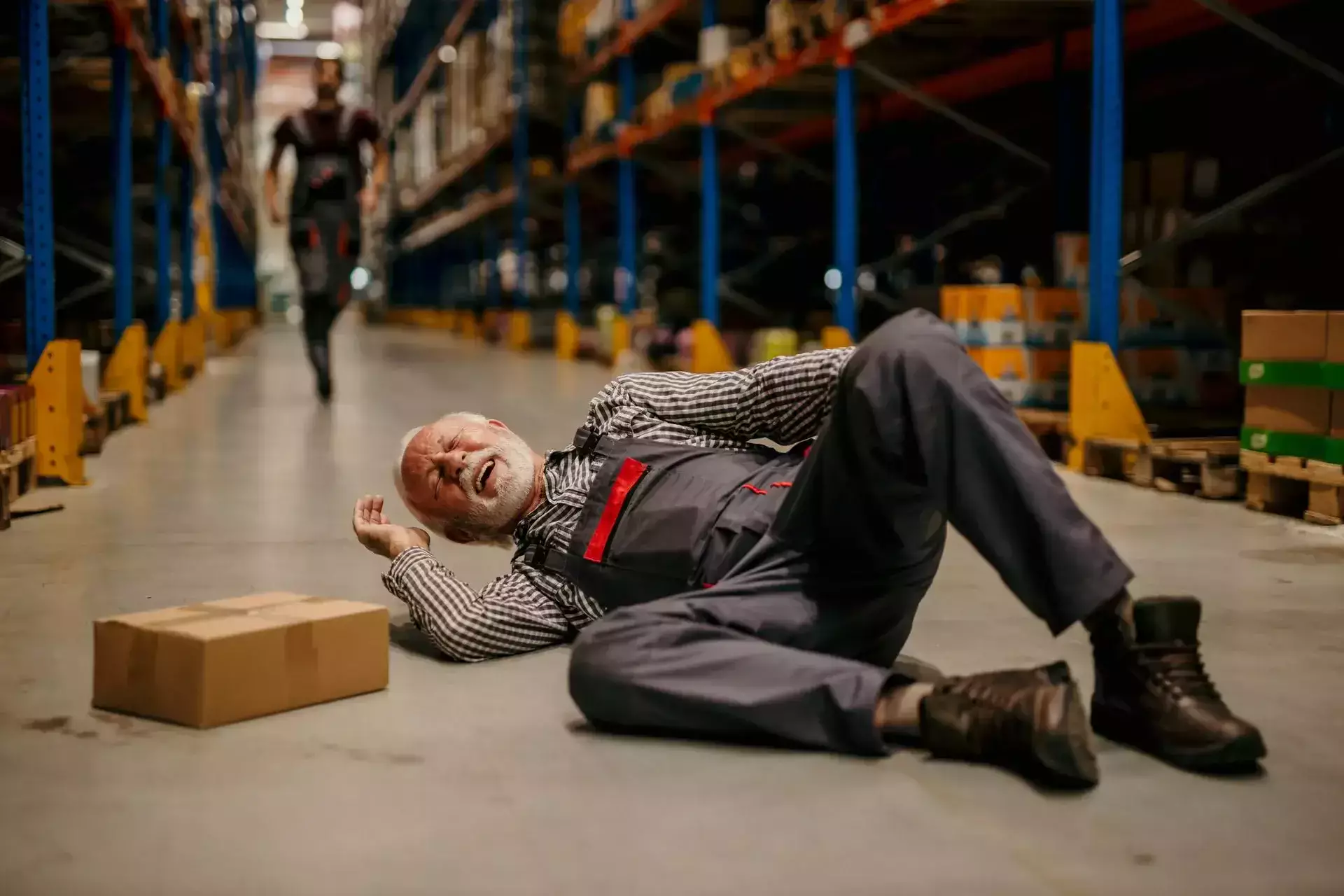 A fallen worker in a warehouse with another person running.