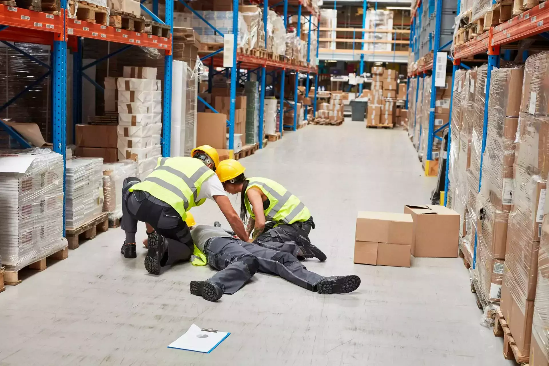 Warehouse workers helping an injured coworker lying on the floor.